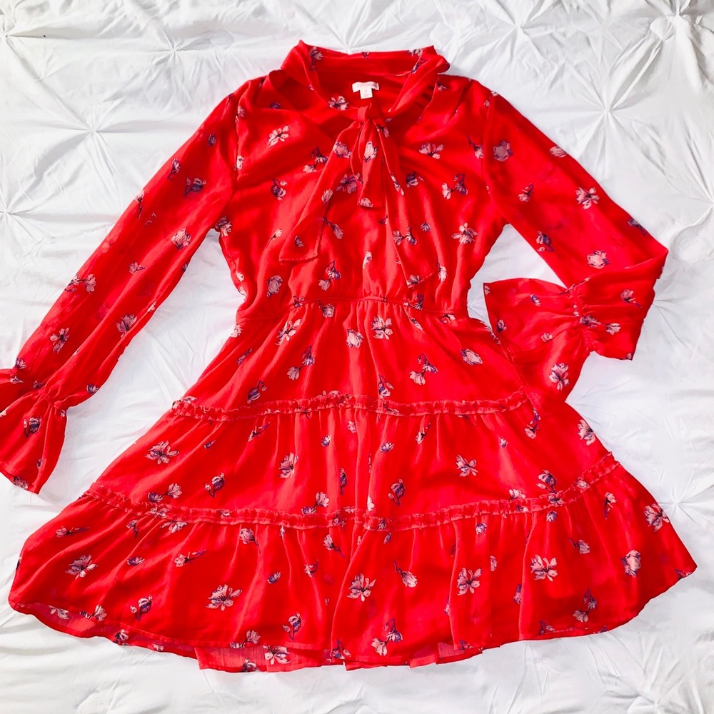Long Sleeve Floral Red Dress